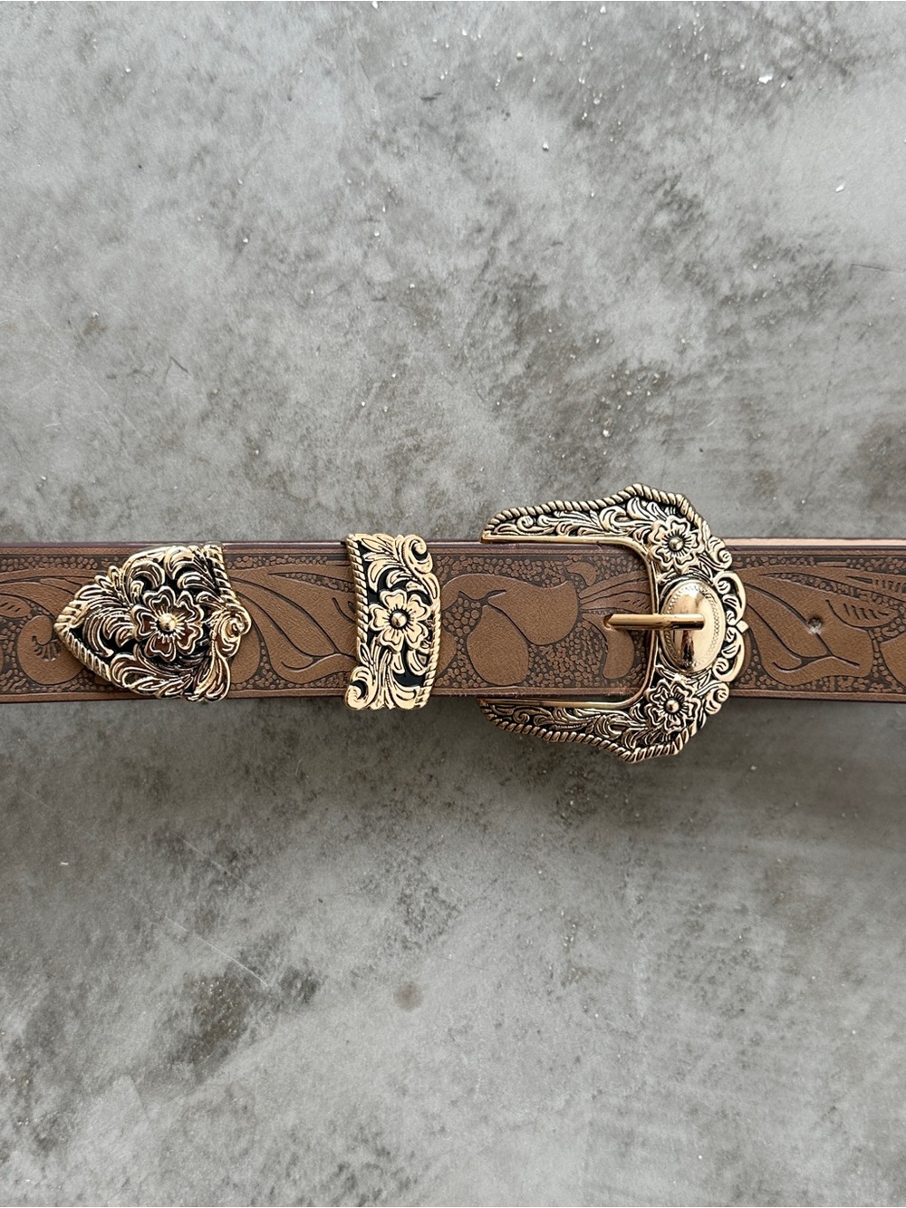 Brown Floral Tooled Leather Belt with Gold Ornate Buckle